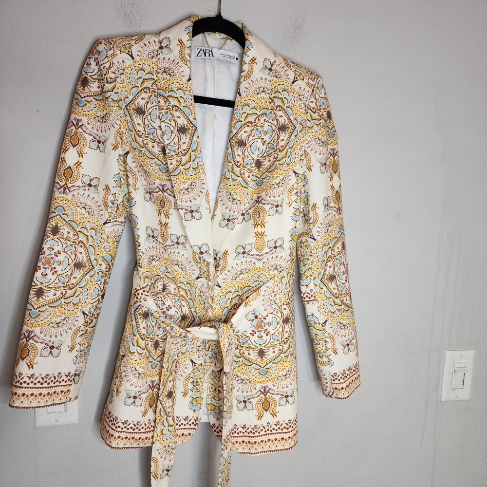 Zara Linen Blend Belted Single Button Blazer Jacket Multicolored Printed XS